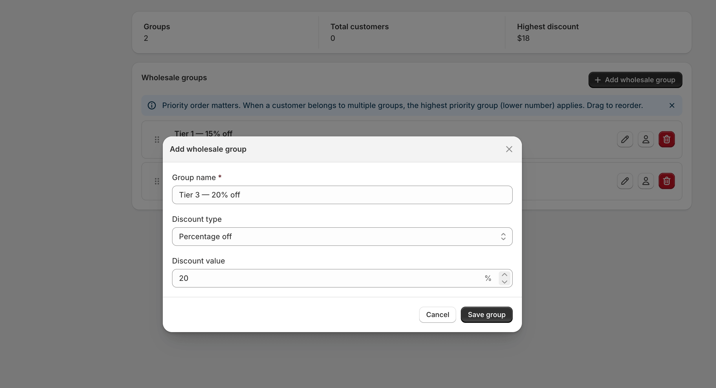 The Add Group modal with all fields.