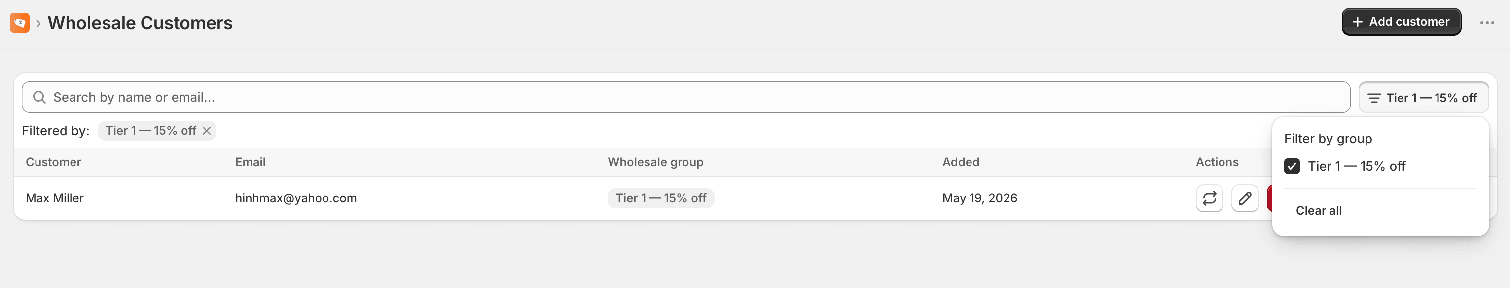The customer table filtered to Tier 2 only.