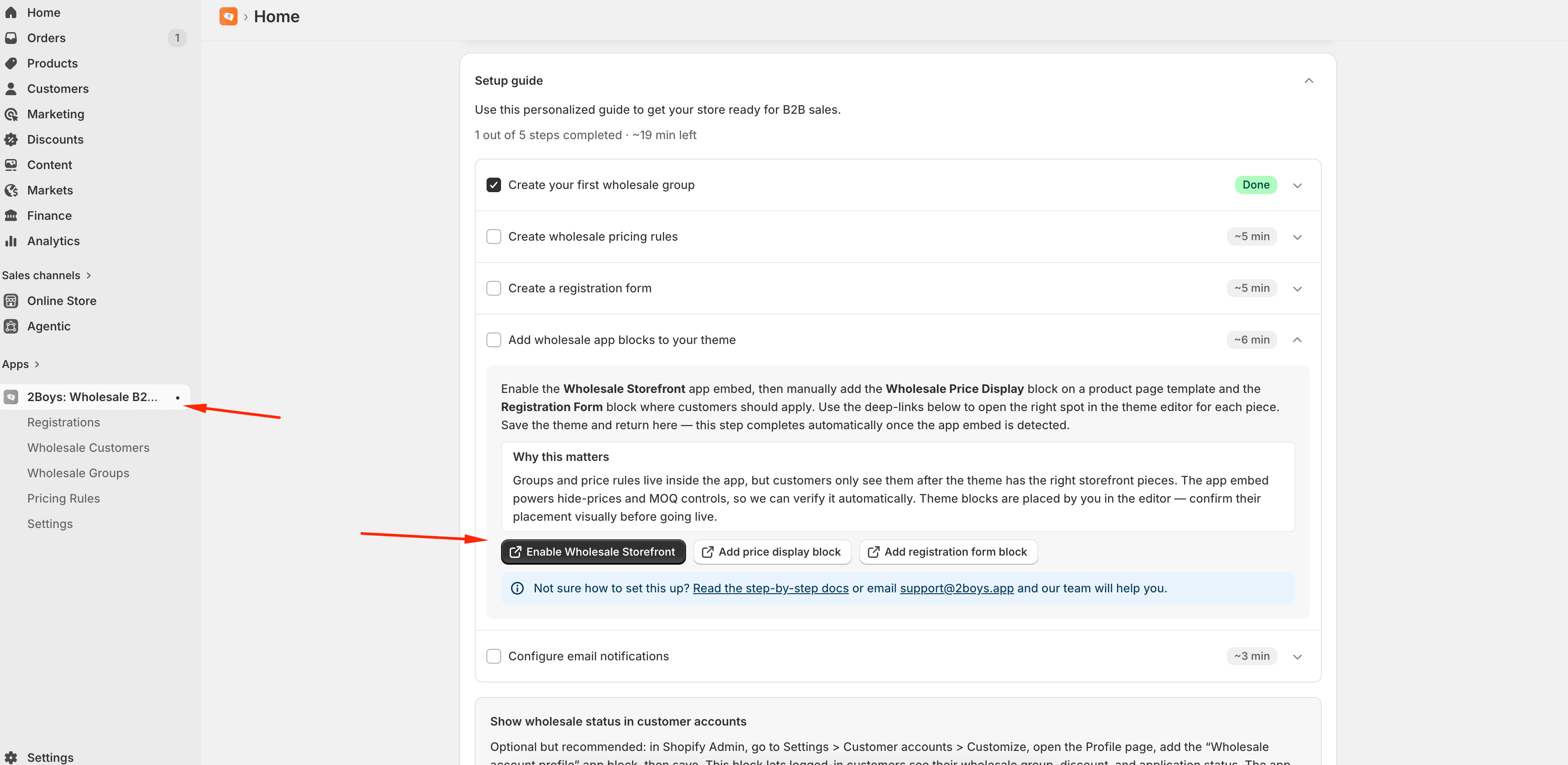 The Storefront setup step opens the theme editor with each block pre-selected.