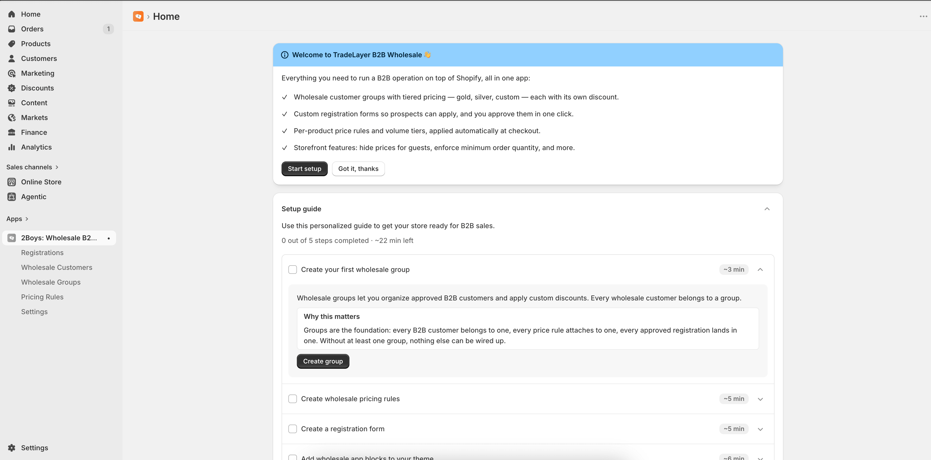 The app dashboard right after install — no groups yet.