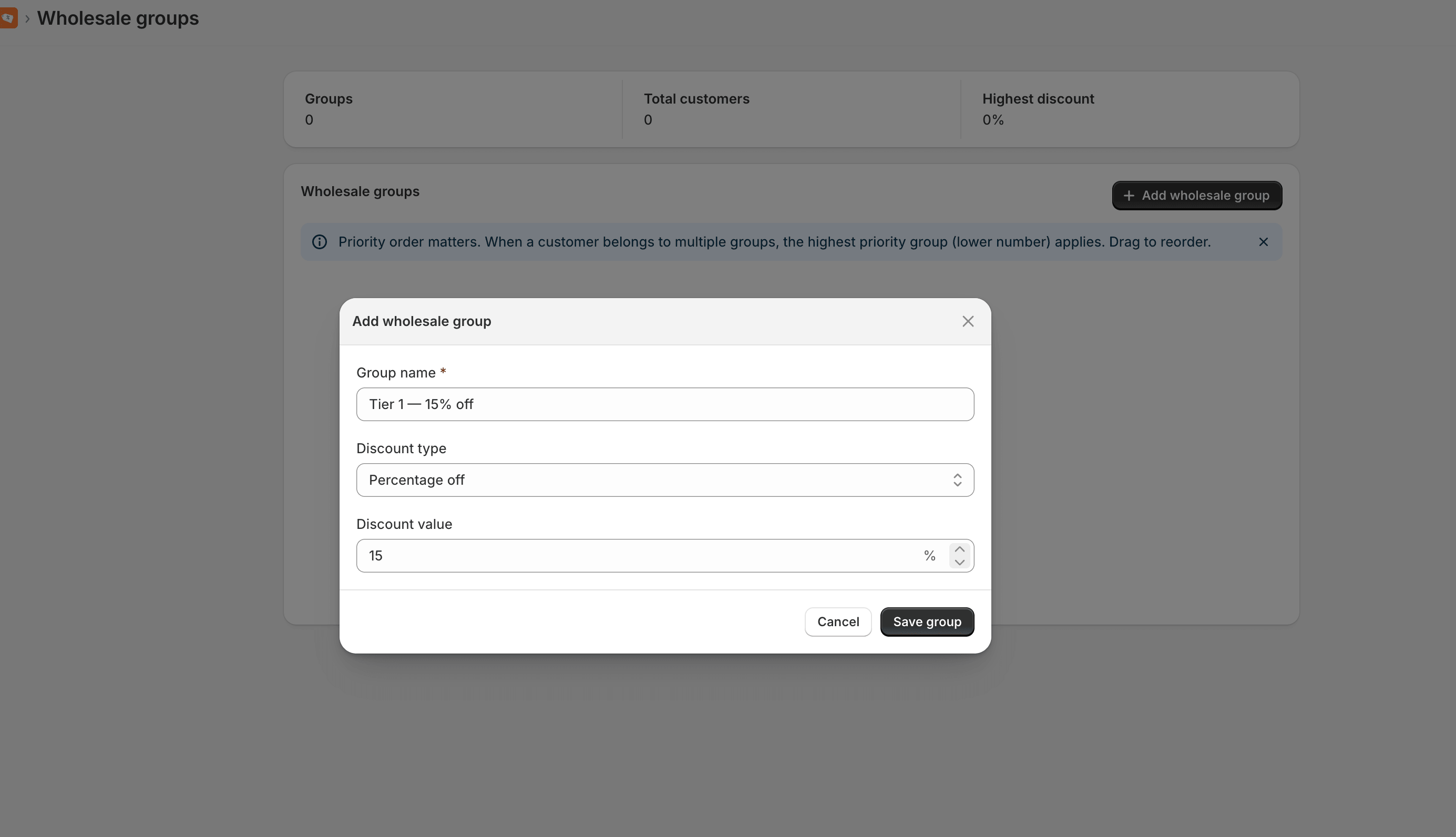 Creating a Tier 1 group with a flat 15% discount.