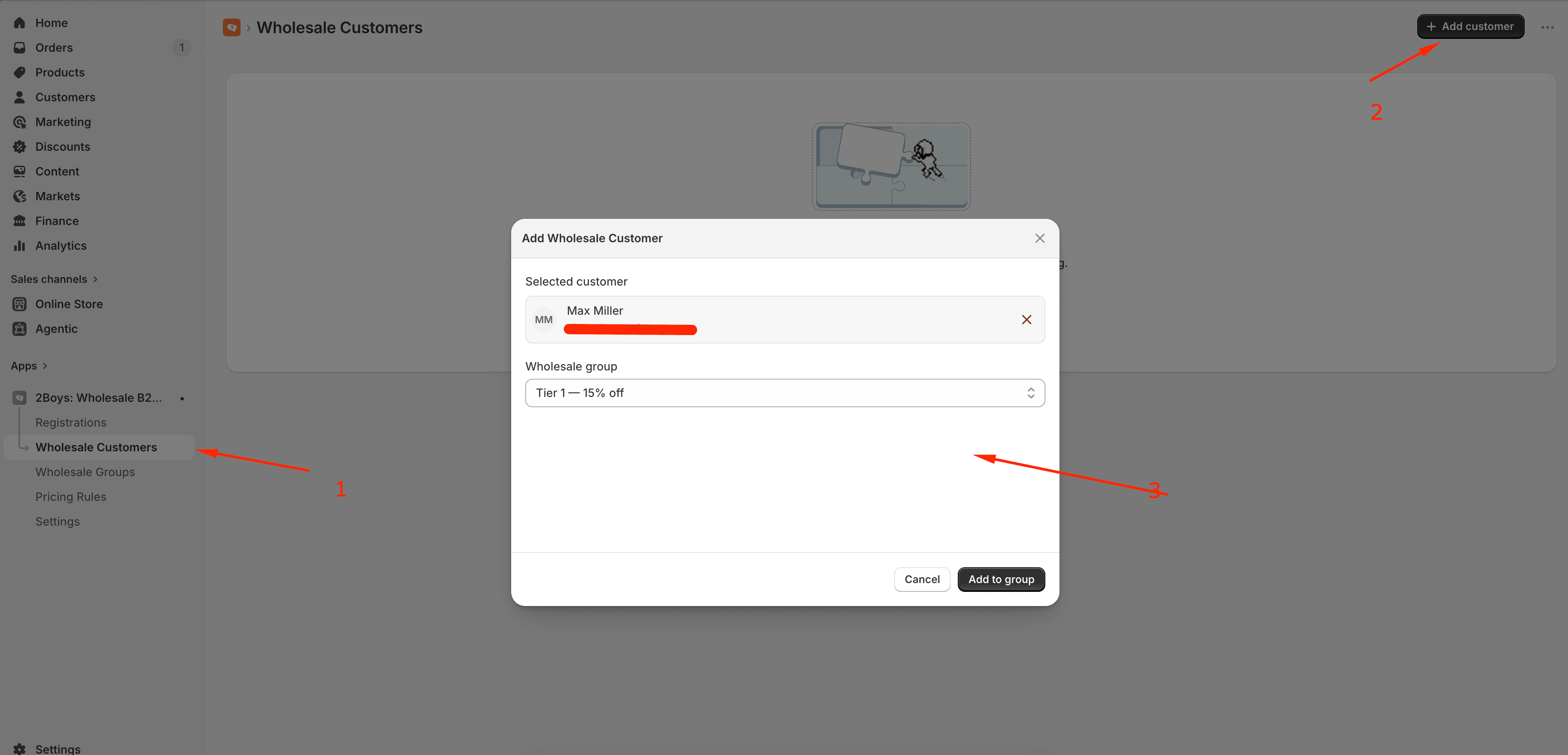 Linking a Shopify customer to the Tier 1 wholesale group.