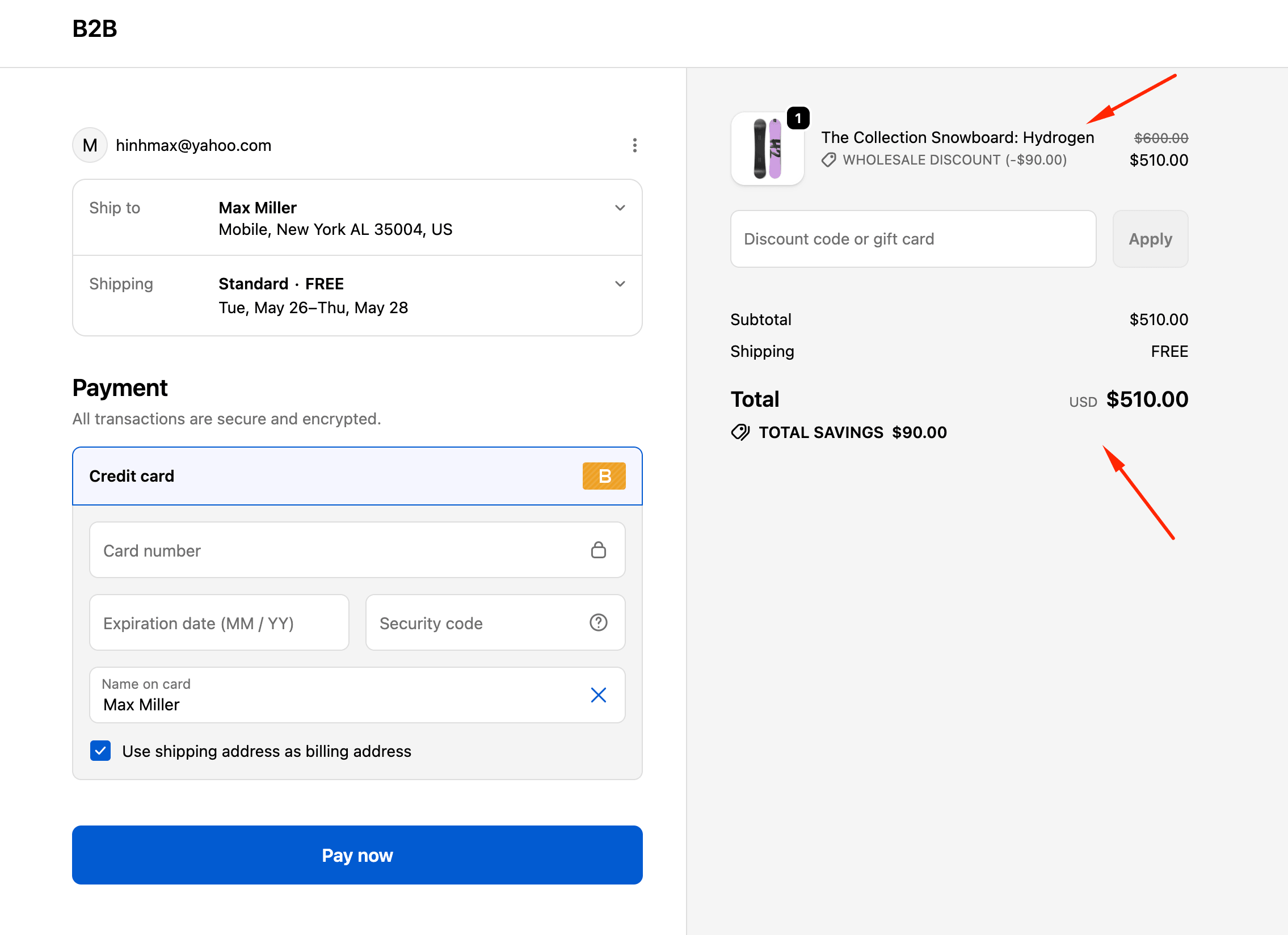 Order summary at checkout showing the wholesale discount line.