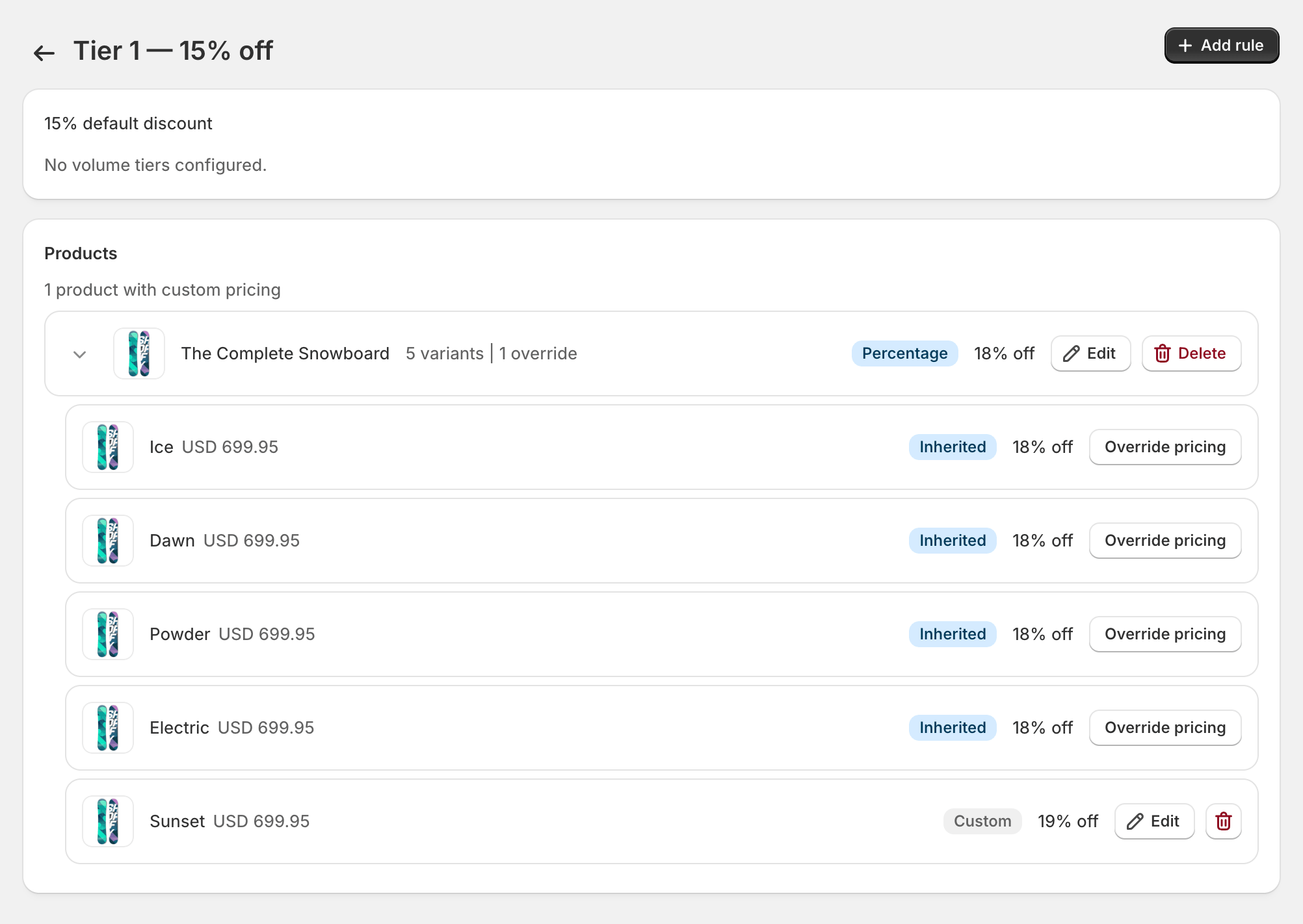 The pricing editor for the Tier 1 group, with two rules already configured.