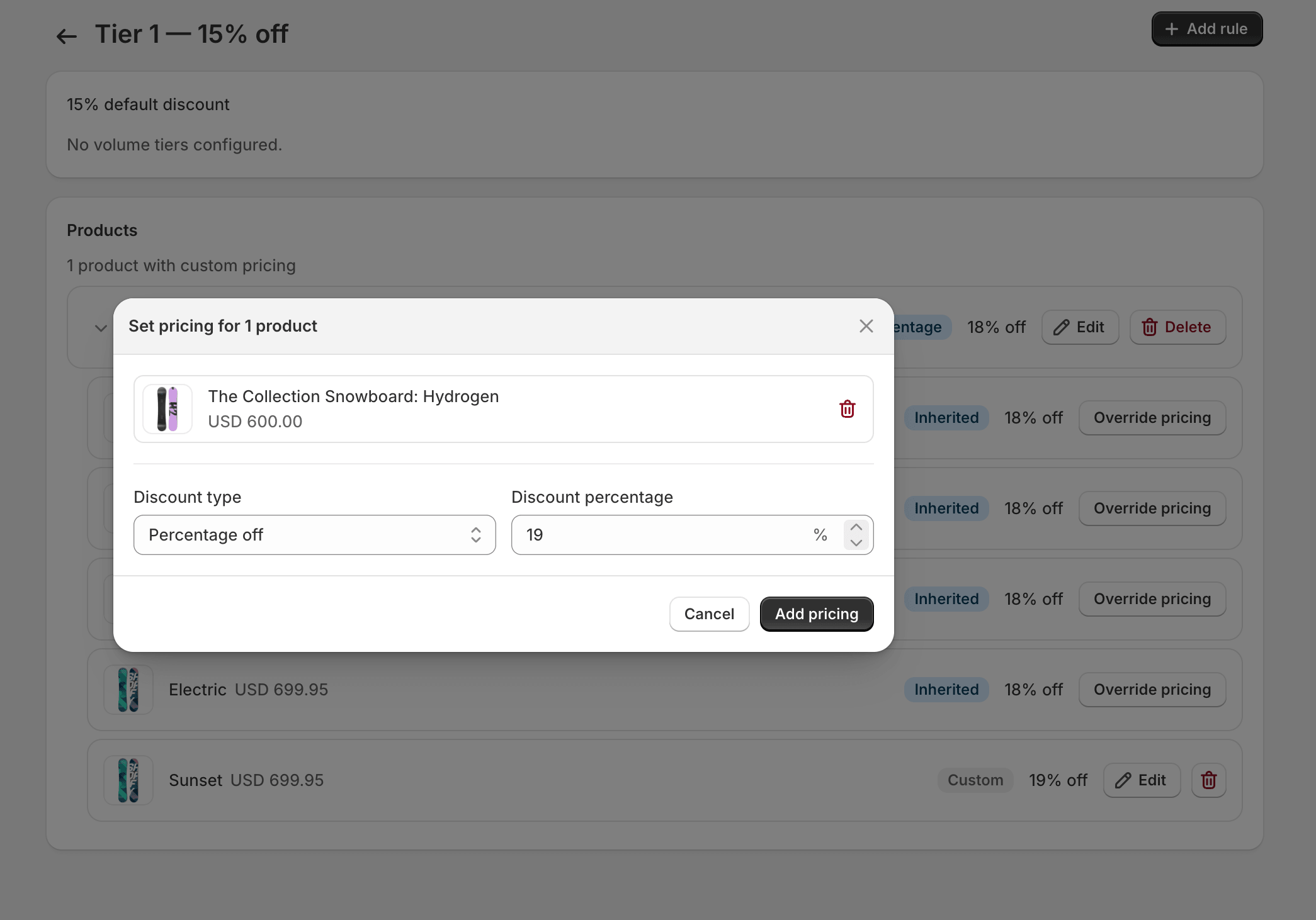 Adding a fixed-price rule for a single variant.