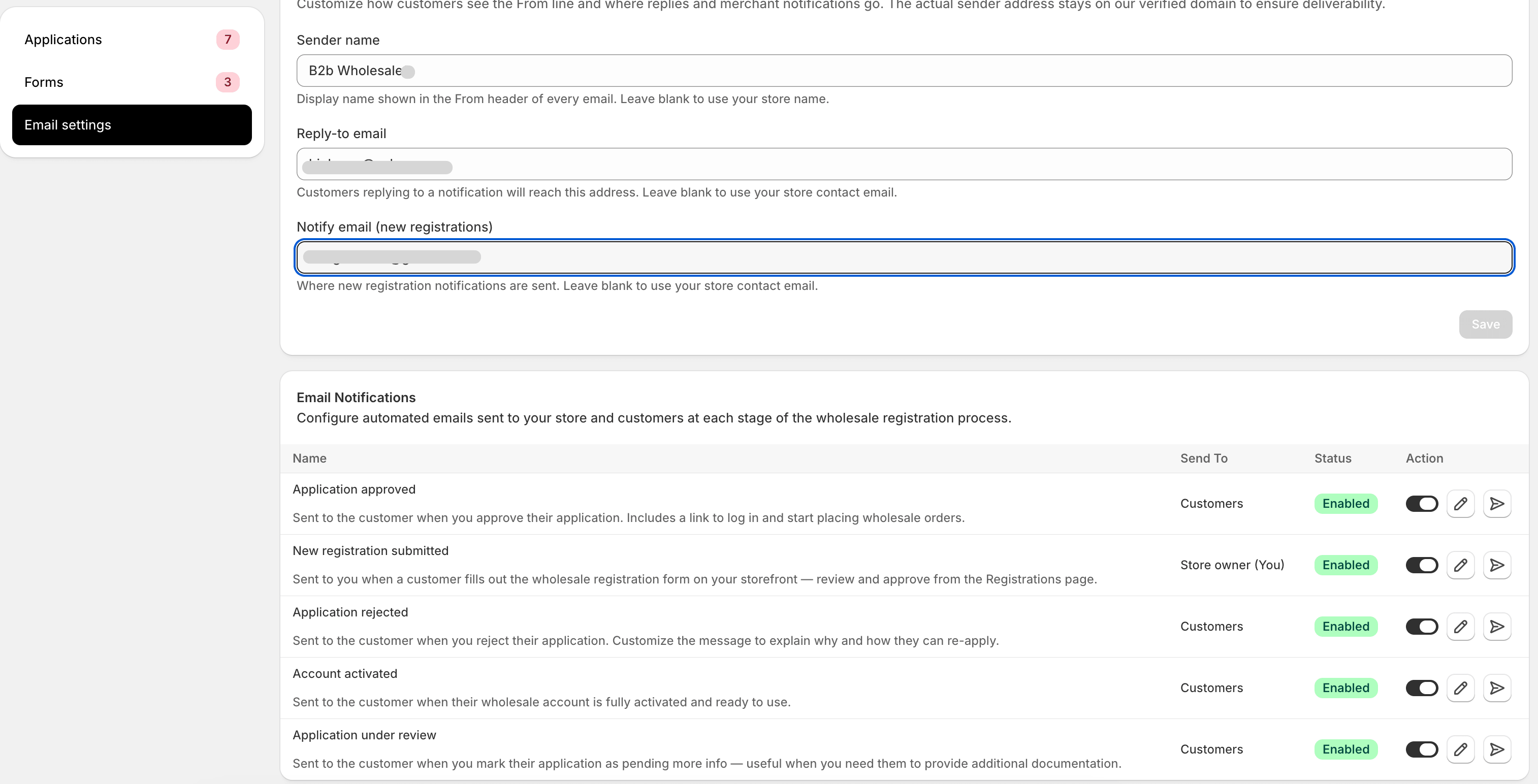 Email settings page with both templates listed.