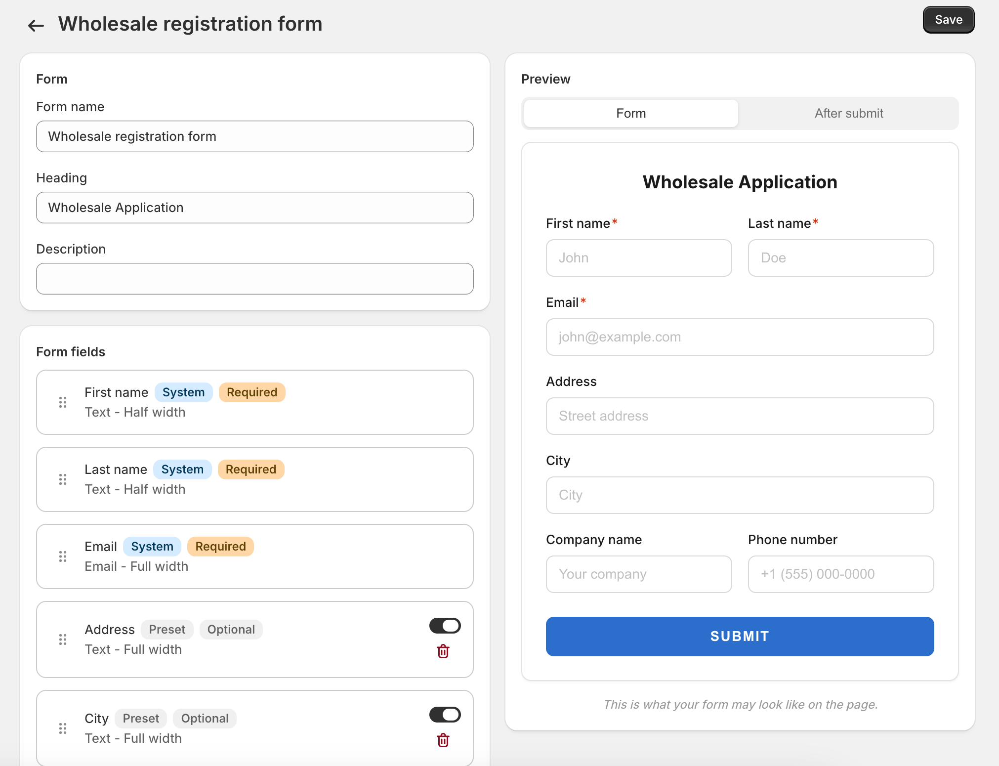 The form builder. Field list on the left, settings panel on the right when a field is selected.