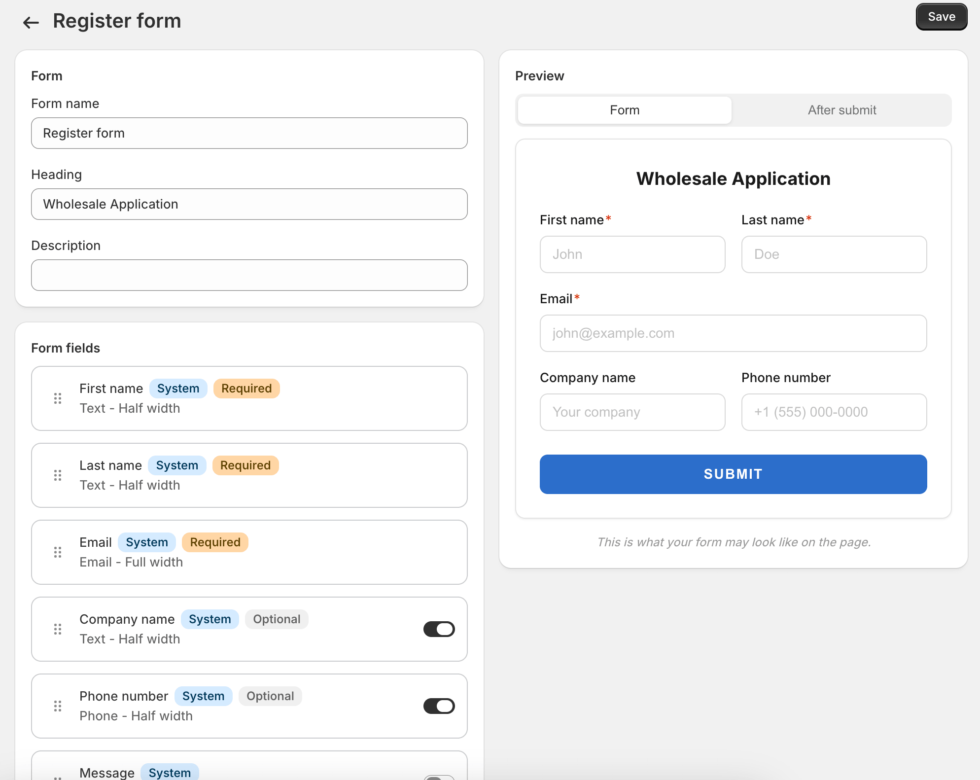 The form builder with two custom fields added.