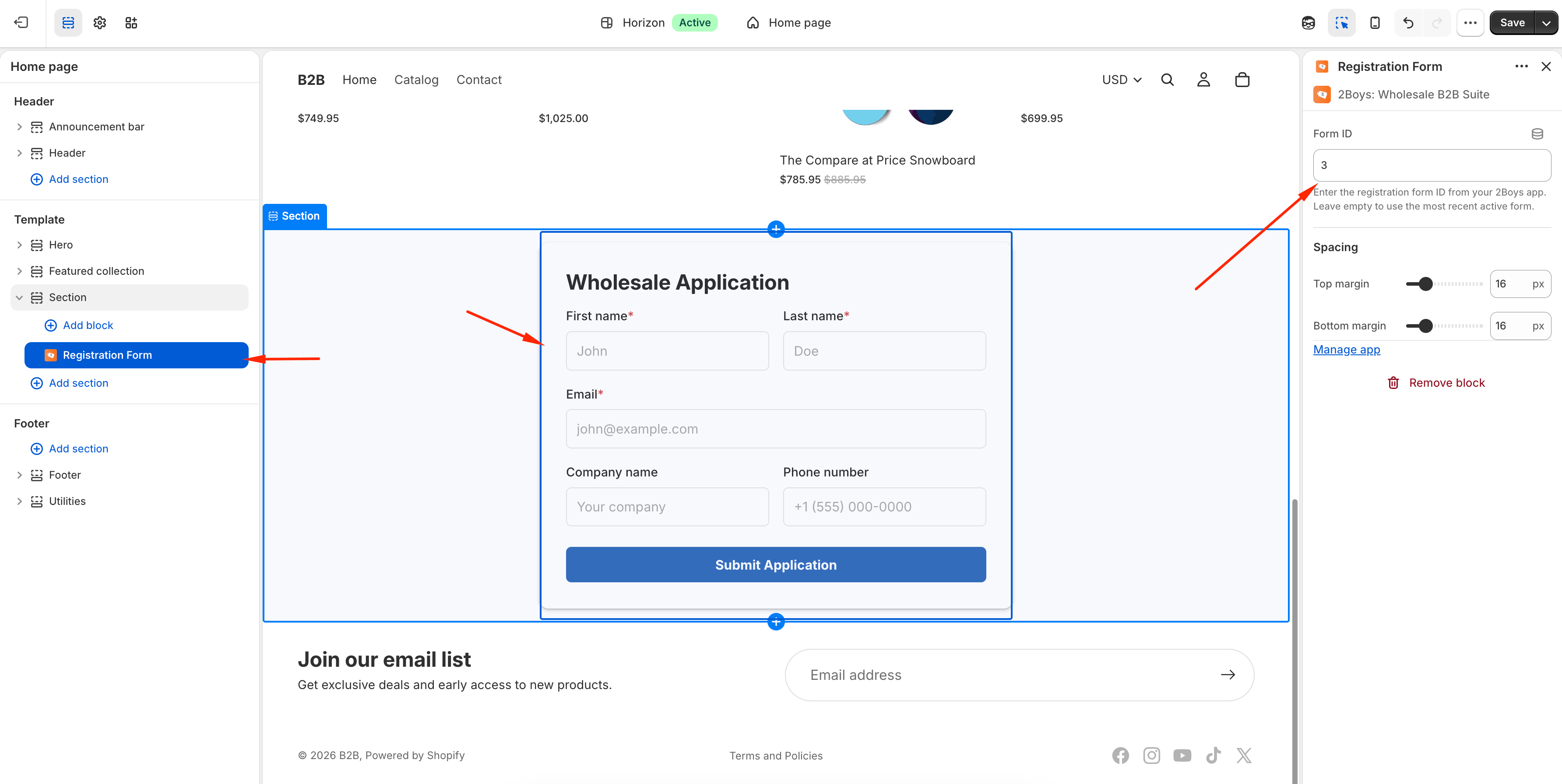 The Wholesale Registration app block in the theme editor, with the form picker open.
