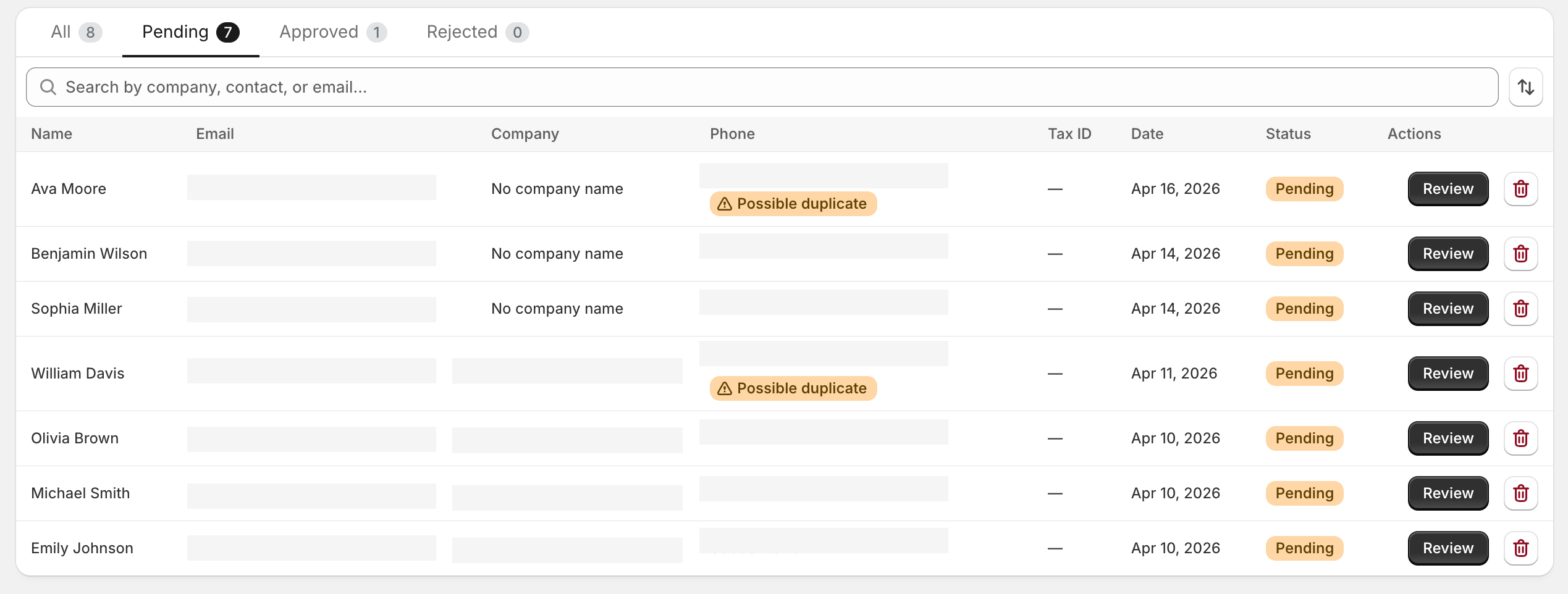The registrations queue with the status filter set to Pending.