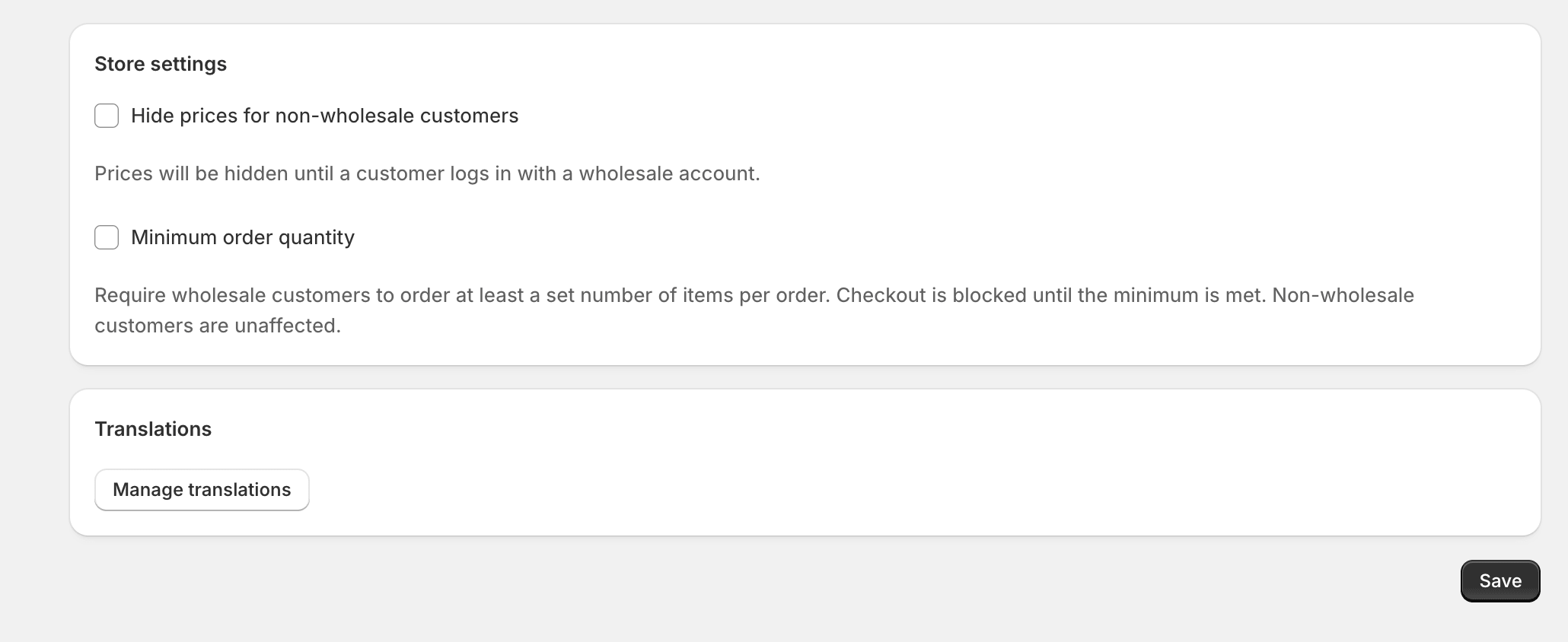 The Store Settings page with both toggles visible.