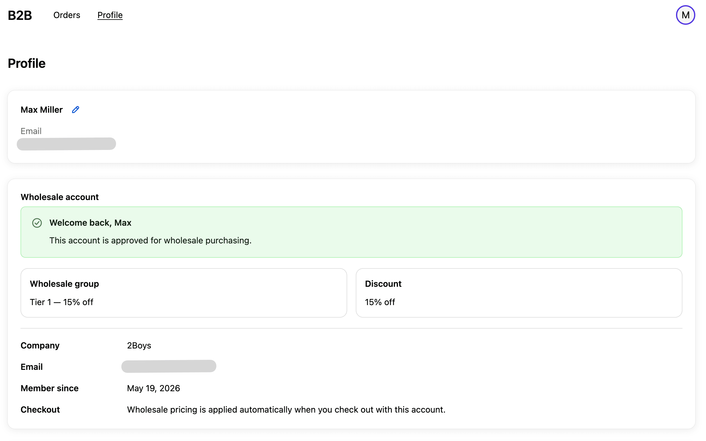 The approved-customer view: group, discount, member-since date, and a checkout reminder.