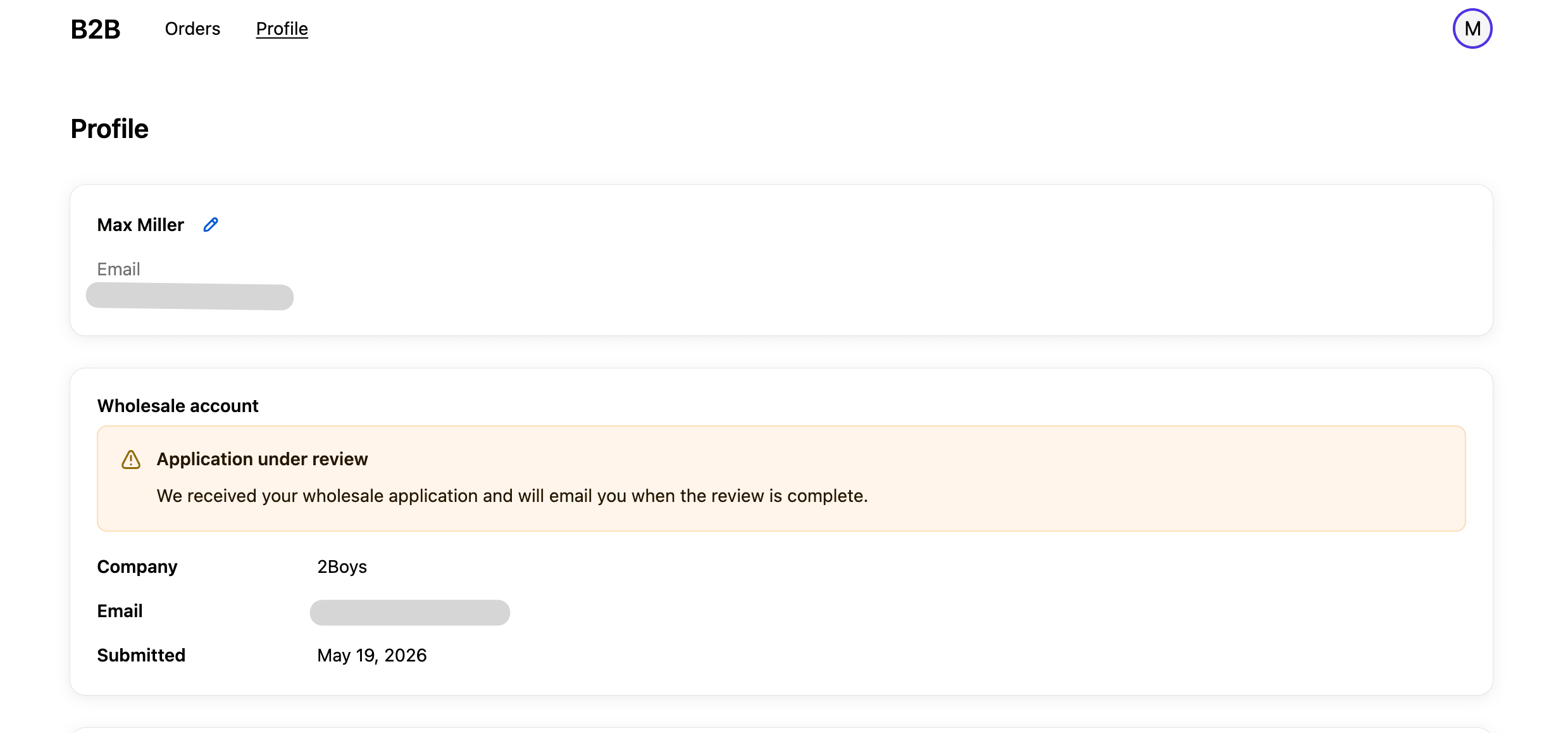 A customer who applied but hasn't been reviewed yet — the block invites them to wait for the decision email.