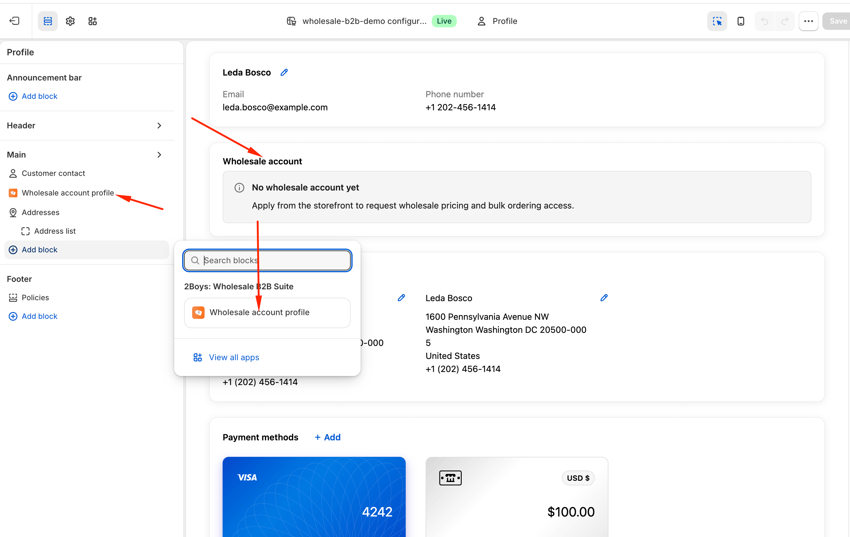 The customer-account customizer's Profile page with the Wholesale account block added from the Apps list.