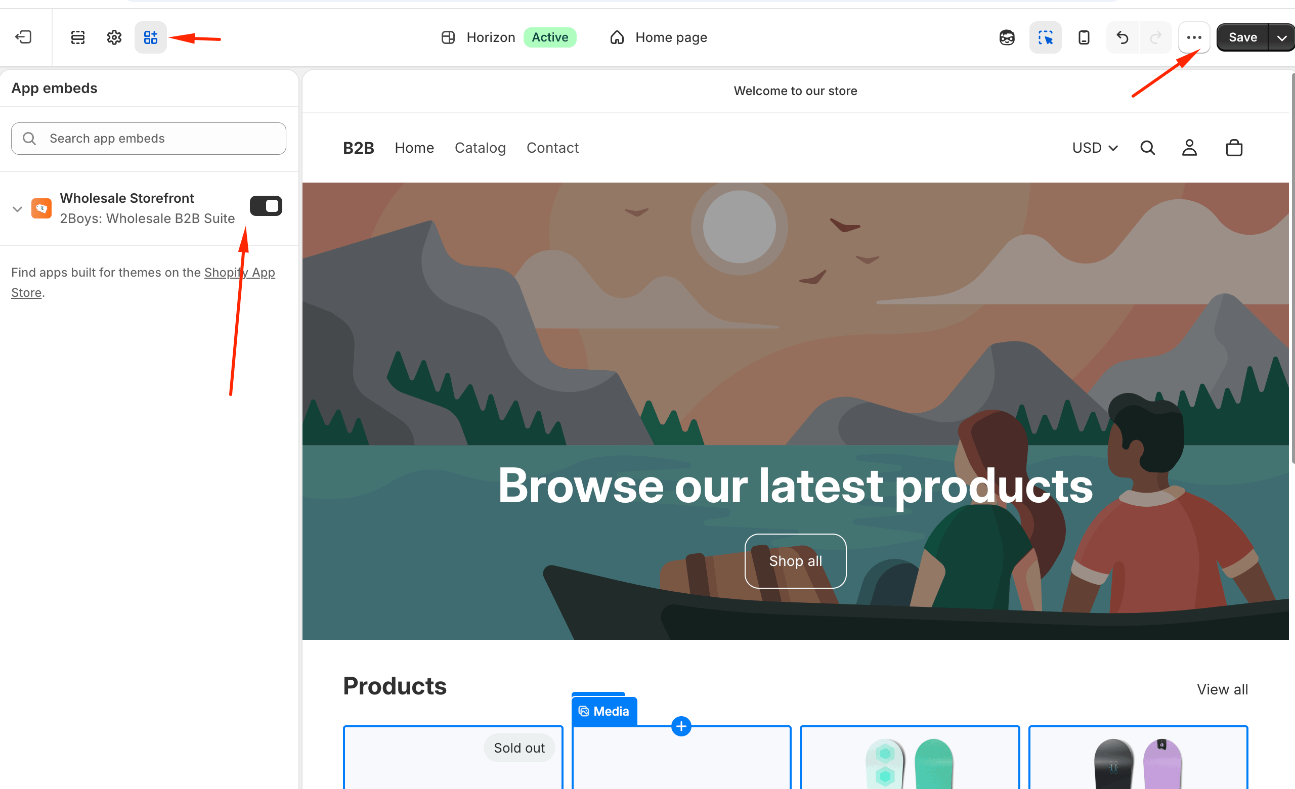 The Wholesale Storefront entry in the theme editor's App embeds panel — flip the toggle on and save.