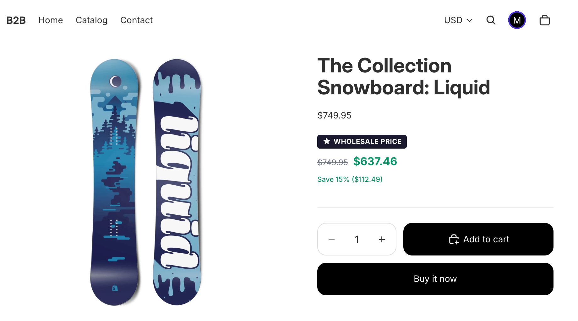 A wholesale customer sees their group price inline with the badge, the retail price struck through, and the percentage saved.