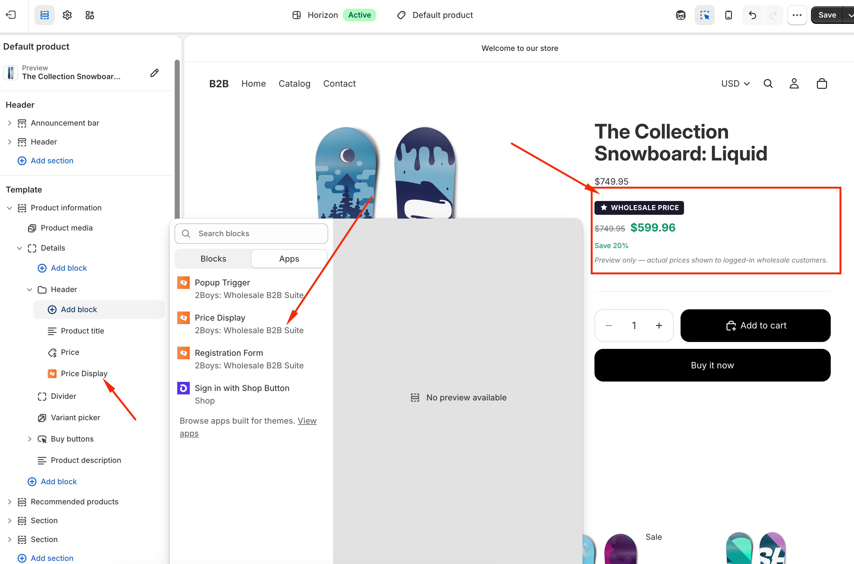 The product template in the theme editor with the Price Display block added under Apps, positioned directly below the price line.